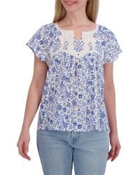 Lucky Brand - Floral Lace Trim Cotton Babydoll Top - Lyst