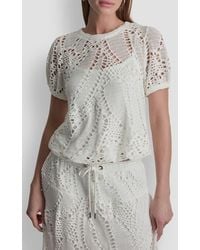 DKNY - Leaf Open Stitch Cotton Blend Knit Top - Lyst