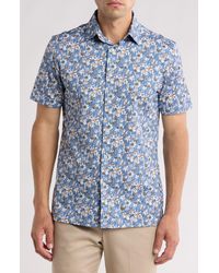 Bugatchi - Trim Fit Palm Print Short Sleeve Stretch Cotton Button-up Shirt - Lyst
