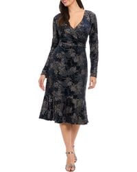 London Times - Floral Burnout V-Neck Long Sleeve Faux Wrap Dress - Lyst
