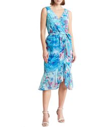 Connected Apparel - Floral Sleeveless Faux Wrap Midi Dress - Lyst