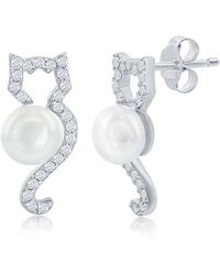 Simona - Sterling Silver Cat & Round Pave Cz & 5.5-6mm Cultured Freshwater Pearl Earrings - Lyst