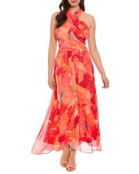 London Times - Crossover Halter Neck Chiffon Maxi Dress - Lyst