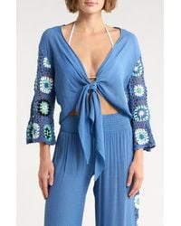 Elan - Crochet Long Sleeve Tie Front Cover-Up Top - Lyst
