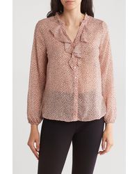 Pleione - Ruffle Long Sleeve Button Front Blouse - Lyst
