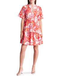 Vince Camuto - Floral Short Sleeve Linen Blend Dress - Lyst