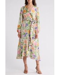 Tahari - Floral Satin Long Sleeve Faux Wrap Midi Dress - Lyst