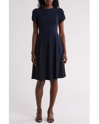 Calvin Klein Solid Cap Sleeve Fit & Flare Dress in Blue | Lyst
