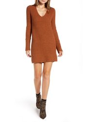 Something Navy Fitted Long Sleeve Tunic Sweater Dress - Brown