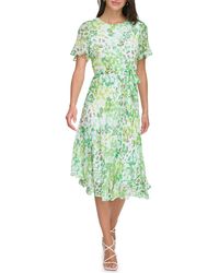 DKNY - Floral Godet Short Sleeve Fit & Flare Midi Dress - Lyst