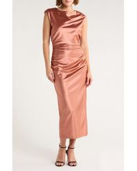Chelsea28 - Ruched Cap Sleeve Satin Midi Dress - Lyst