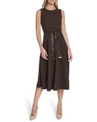 Calvin Klein - Faux Leather Belt Scuba Crepe Midi A-Line Dress - Lyst