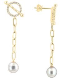 Effy - 14k Gold Diamond & Freshwater Pearl Drop Earrings - Lyst