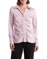 Calvin Klein - Ruched Long Sleeve Satin Button-up Shirt - Lyst