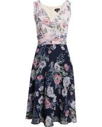 Connected Apparel Contrast Floral Faux Wrap Dress In Champagne/navy At Nordstrom Rack - Blue
