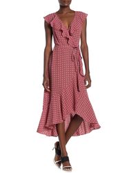 max studio patterned ruffle wrap midi dress