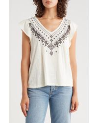 Lucky Brand - Embroidered Flutter Sleeve Cotton Top - Lyst