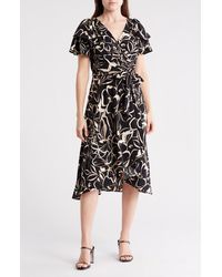 DKNY - Floral Double Flutter Sleeve Faux Wrap Midi Dress - Lyst