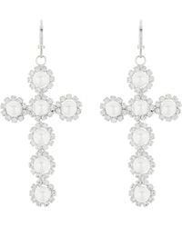 Tasha - Imitation Pearl & Crystal Cross Drop Huggie Hoop Earrings - Lyst
