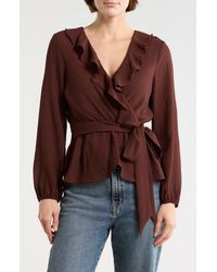 Max Studio - Ruffle Long Sleeve Faux Wrap Top - Lyst