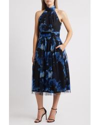 eliza j illusion neck embroidered lace midi dress Embroidered Floral Illusion Lace A-Line Gown (Women)