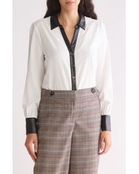 Ellen Tracy - Faux Leather Trim Boyfriend Shirt - Lyst