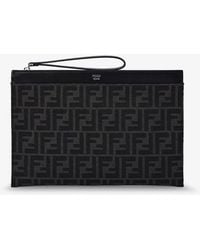 Fendi - Ff Jacquard Fabric And Leather Flat Pouch Medium - Lyst
