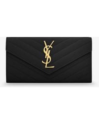 Saint Laurent - Leather Wallet With Metal Cassandre Logo - Lyst