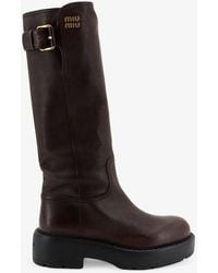 Miu Miu - Leather Boots With Embossed Lettering Logo - Lyst