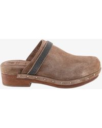 Brunello Cucinelli Suede Sabot With Iconic Jewel Application - Brown