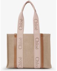 Chloé - Woody Linen Shoulder Bag With Front Embroidered Logo - Lyst
