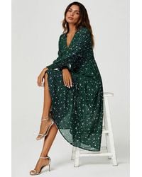 FS Collection - Sliver Star Foil V Neckline Long Sleeve Maxi Dress - Lyst