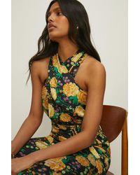 Oasis - Floral Printed Satin Halter Belted Jumpsuit - Lyst