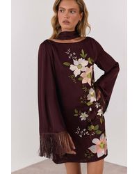 Warehouse - Premium Embroidered Fringed Scarf Detail Mini Dress - Lyst