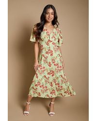 Dorothy Perkins - Petite Floral Button Front Angel Sleeve Tie Back Midi Dress - Lyst