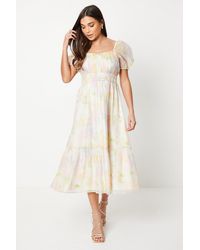 Oasis - Petite Ruched Bust Organza Tiered Midi Dress - Lyst