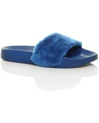 AJVANI - Flat Heel Faux Fur Flip Flop Sandals Sliders - Lyst