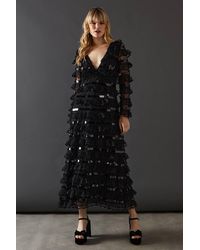 Warehouse - Premium Lace Sequin Frill Tier Plunge Neck Maxi Dress - Lyst