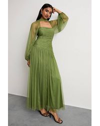 Warehouse - Bow Detail Gathered Tulle Maxi Dress W/ Open Neck - Lyst