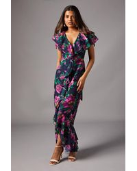 Coast - Petite Short Sleeve Chiffon Maxi Dress With Frills - Lyst
