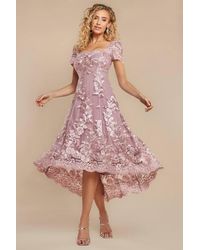 Goddiva - Scalloped Neck Embroidered Lace High Low Midi Dress - Lyst