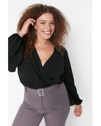 WOVCOR - Plain Wrap Front Long Sleeve V Neck Knitted Blouse - Lyst