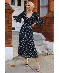 Jolie Moi - Ruffle V Neck Long Sleeve Mesh Maxi Dress - Lyst