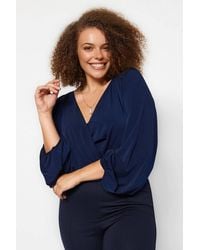 WOVCOR - Plain Wrap Front Long Sleeve V Neck Knitted Blouse - Lyst