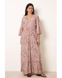 Blue Vanilla - Shirred Waist Three Quarter Sleeve Slip On V-Neck Maxi Dress - Lyst