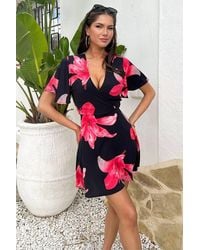 AX Paris - Cerise Floral Print Wrap Top Skater Mini Dress - Lyst