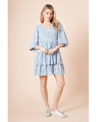 Dorothy Perkins - Wrap Front Tiered Blouson Sleeve Mini Dress - Lyst