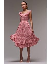 Jolie Moi - Ruffle Shirred Woven Midi Dress - Lyst