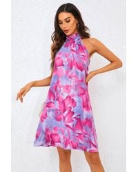 FS Collection - Abstract Floral Print Halter Neck Tie Back Mini Dress - Lyst