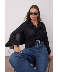 WOVCOR - Ruffle Front Long Sleeve Boho Style Woven Blouse - Lyst